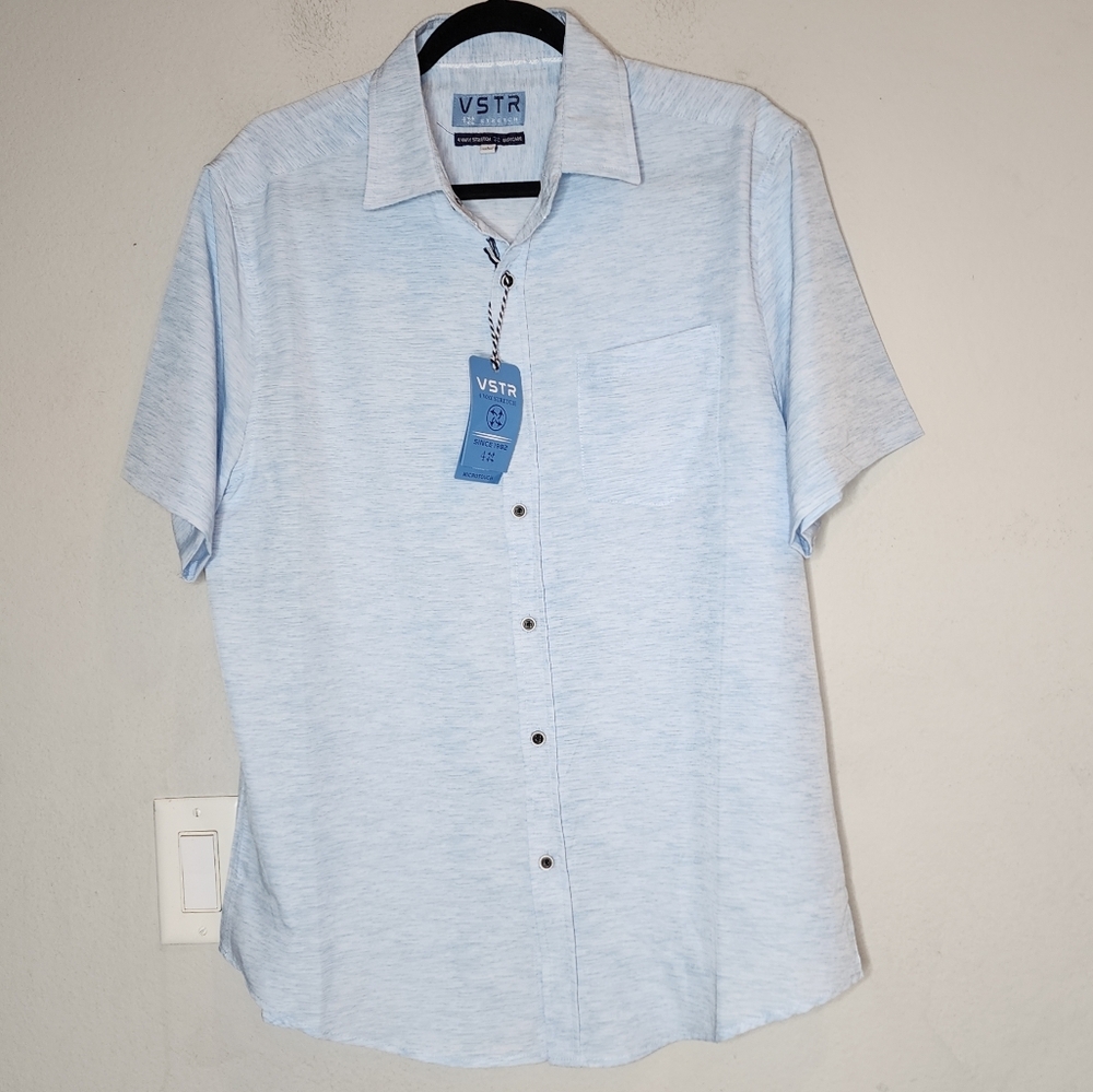 NWT VSTR 4 Way Stretch Light Heather Blue Button-Up Shirt Microtouch Size Large